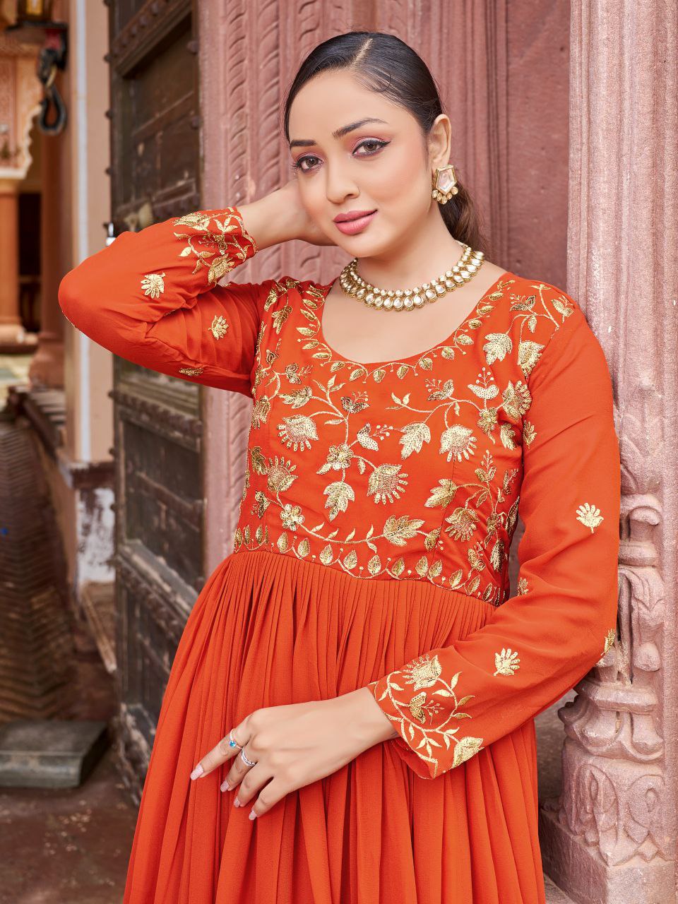 Prazu Fashion Rust Georgette Embroidered Zari Work Designer Gown | Grocsy