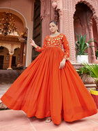 Prazu Fashion Rust Georgette Embroidered Zari Work Designer Gown | Grocsy