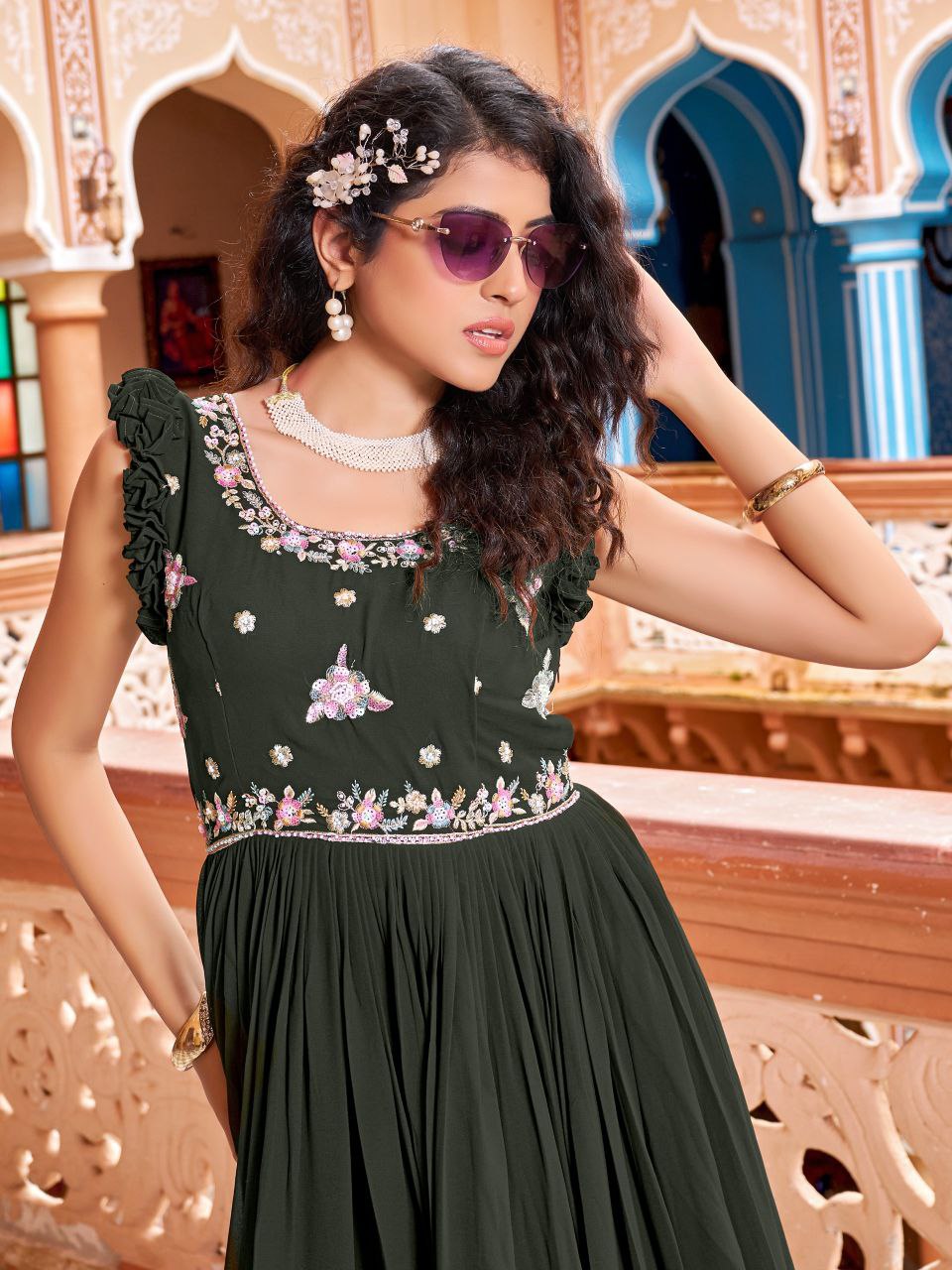 Prazu Fashion Mehndi Georgette With Rich Zari-Sequins Embroidery Gown | Grocsy