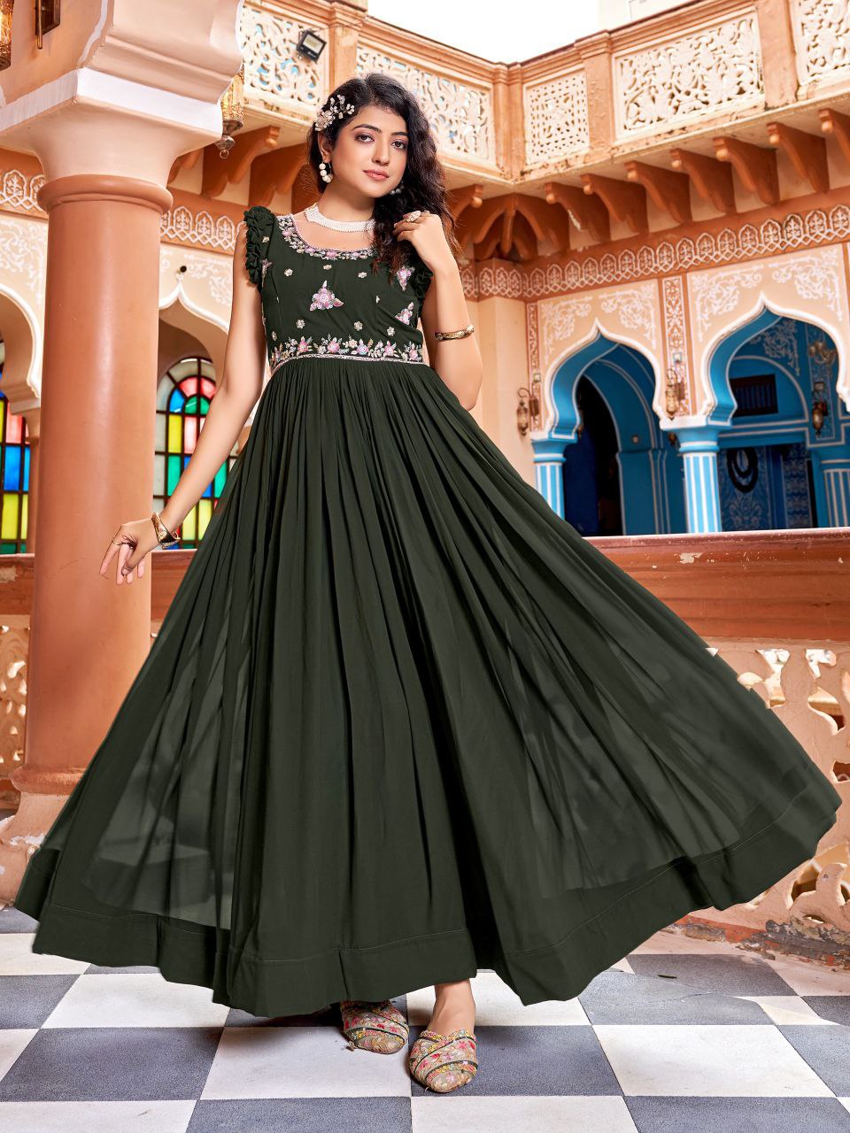 Prazu Fashion Mehndi Georgette With Rich Zari-Sequins Embroidery Gown | Grocsy