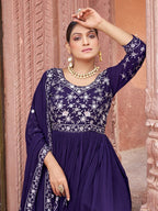 Prazu Fashion Blue Georgette Embroidered Zari Work Designer Gown With Dupatta | Grocsy