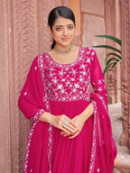 Prazu Fashion Rani Pink Georgette Embroidered Zari Work Designer Gown With Dupatta | Grocsy