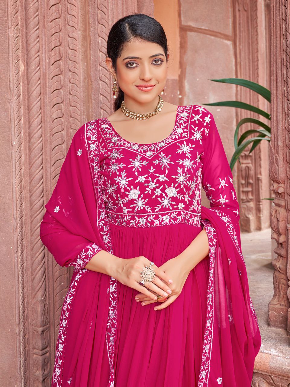 Prazu Fashion Rani Pink Georgette Embroidered Zari Work Designer Gown With Dupatta | Grocsy