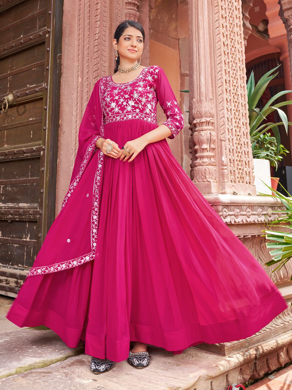 Prazu Fashion Rani Pink Georgette Embroidered Zari Work Designer Gown With Dupatta | Grocsy