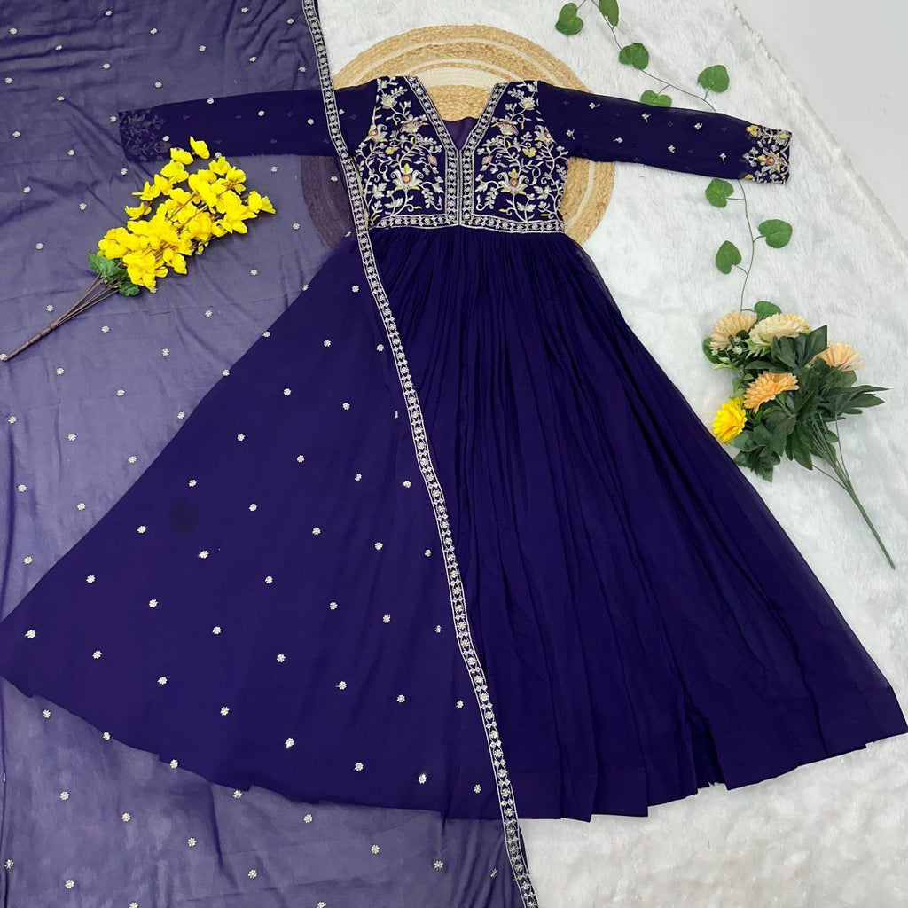 Prazu Fashion Purple Georgette With Rich Zari-Sequins Embroidery Gown | Grocsy