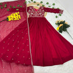 Prazu Fashion Red Georgette With Rich Zari-Sequins Embroidery Gown | Grocsy