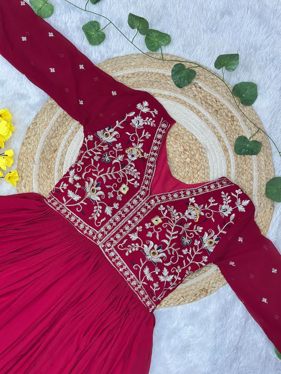 Prazu Fashion Red Georgette With Rich Zari-Sequins Embroidery Gown | Grocsy