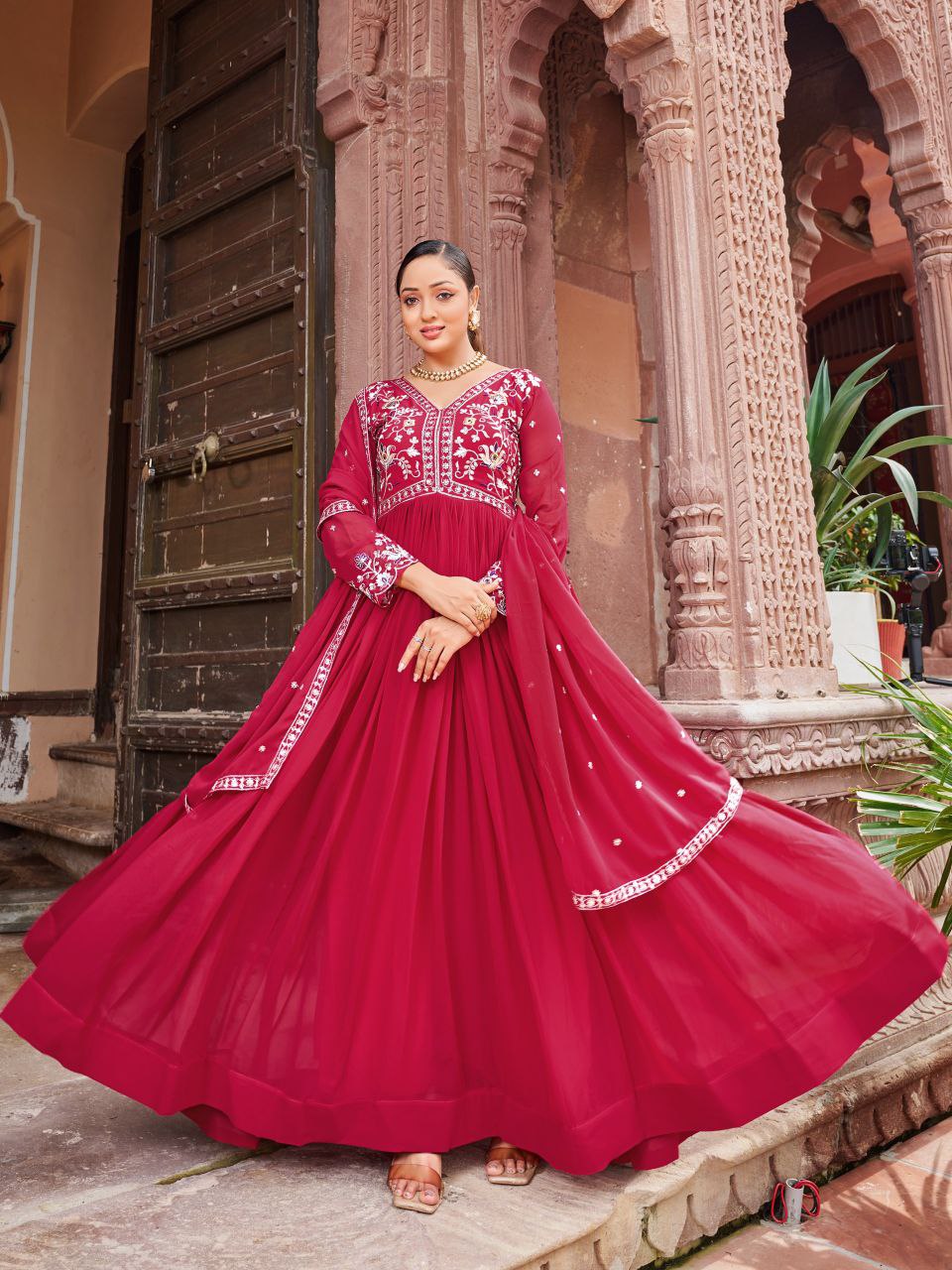 Prazu Fashion Red Georgette With Rich Zari-Sequins Embroidery Gown | Grocsy