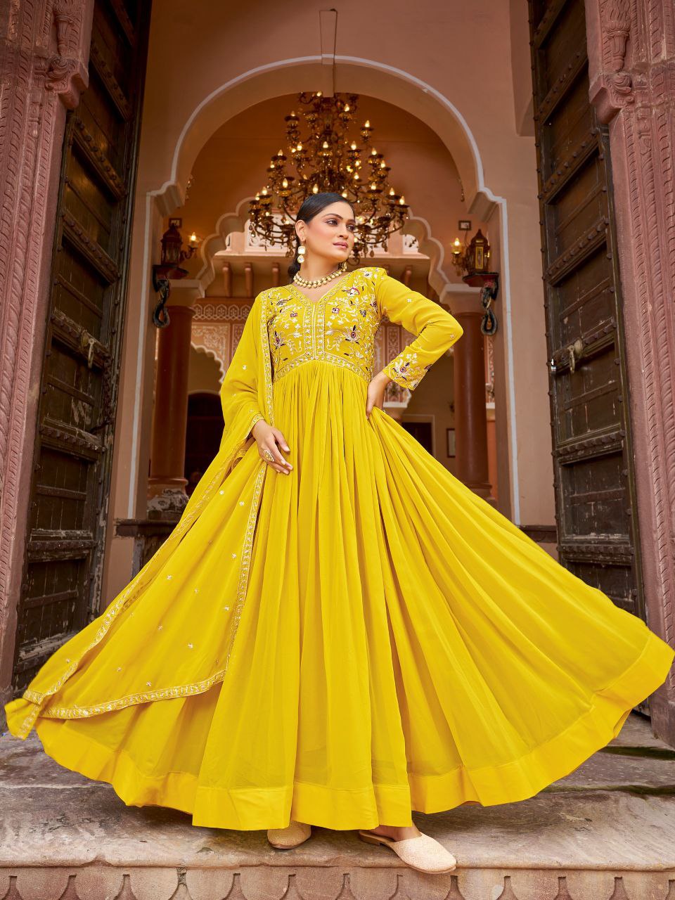 Prazu Fashion Yellow Georgette With Rich Zari-Sequins Embroidery Gown | Grocsy