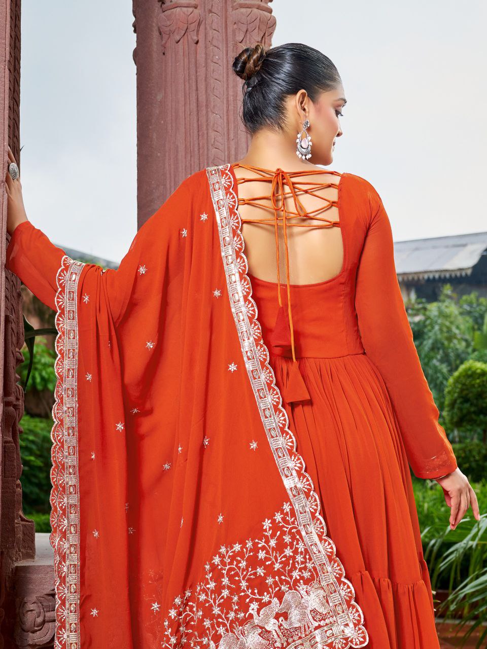 Prazu Fashion Rust Georgette With 3 Layer Huge Flair Gown With Dupatta | Grocsy