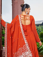 Prazu Fashion Rust Georgette With 3 Layer Huge Flair Gown With Dupatta | Grocsy