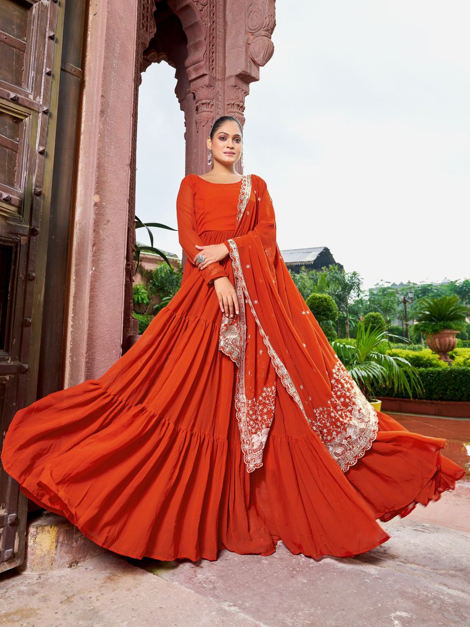 Prazu Fashion Rust Georgette With 3 Layer Huge Flair Gown With Dupatta | Grocsy