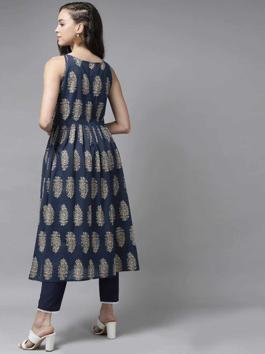 Indo Era Blue Floral Printed A-line Kurta | Grocsy