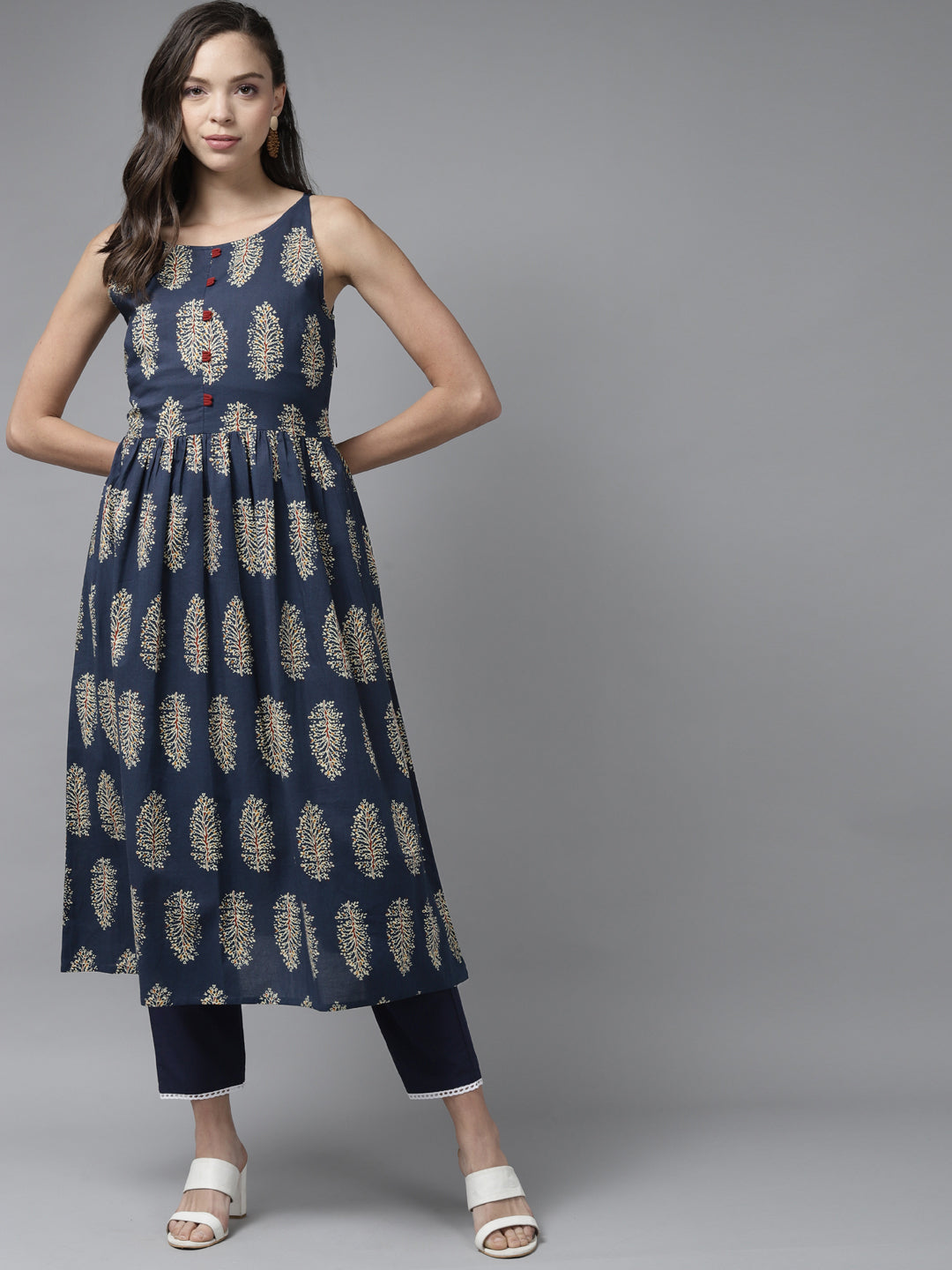 Indo Era Blue Floral Printed A-line Kurta | Grocsy