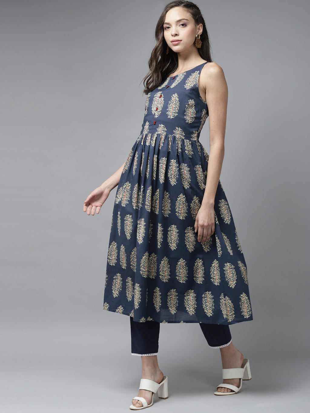 Indo Era Blue Floral Printed A-line Kurta | Grocsy