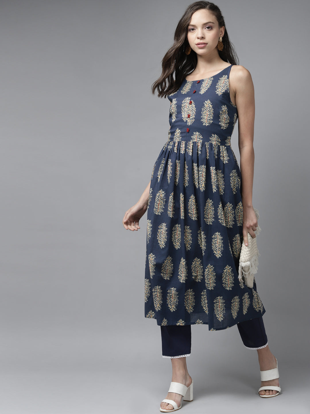 Indo Era Blue Floral Printed A-line Kurta | Grocsy