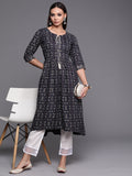 Indo Era Navy Blue Foil Printed A-line Kurta | Grocsy