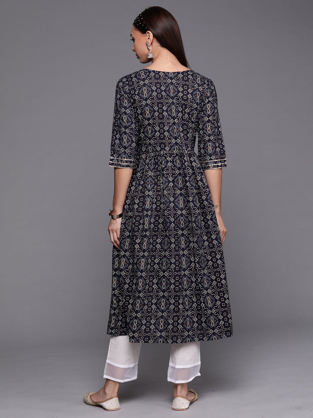 Indo Era Navy Blue Foil Printed A-line Kurta | Grocsy