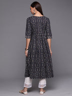 Indo Era Navy Blue Foil Printed A-line Kurta | Grocsy