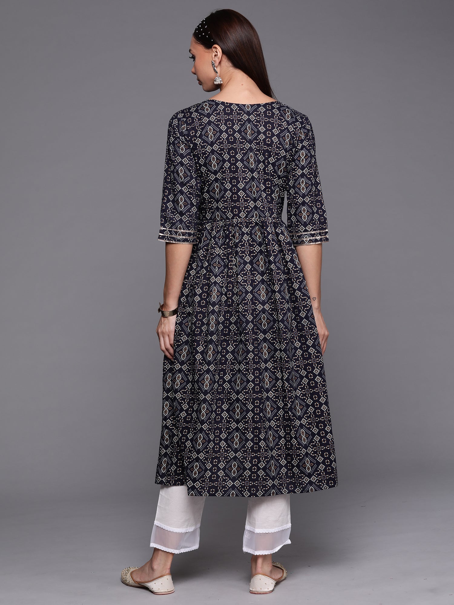 Indo Era Navy Blue Foil Printed A-line Kurta | Grocsy