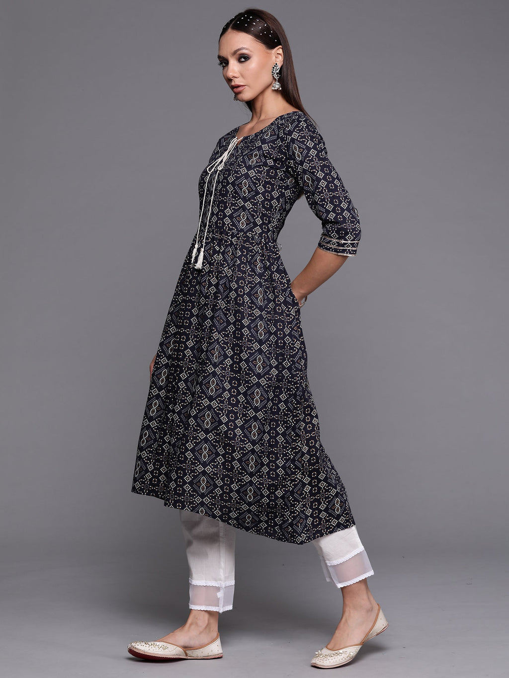 Indo Era Navy Blue Foil Printed A-line Kurta | Grocsy