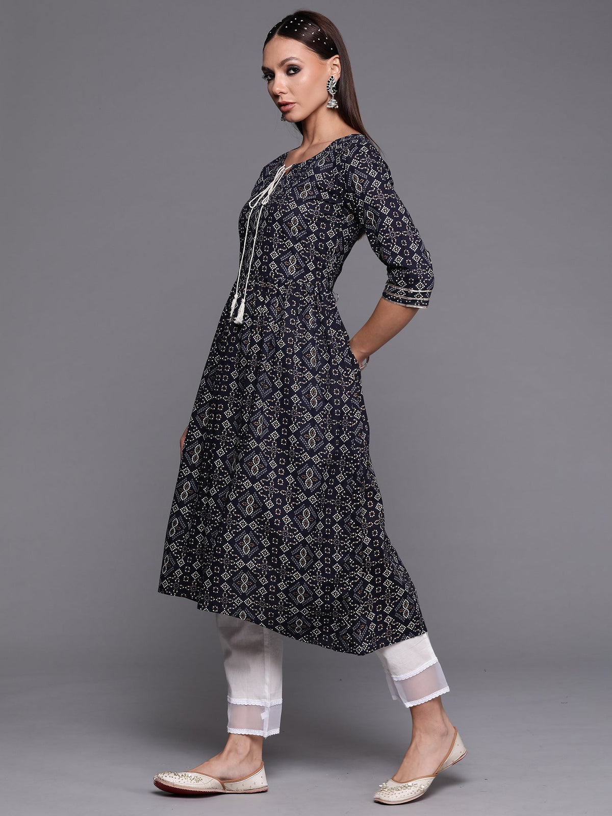 Indo Era Navy Blue Foil Printed A-line Kurta | Grocsy