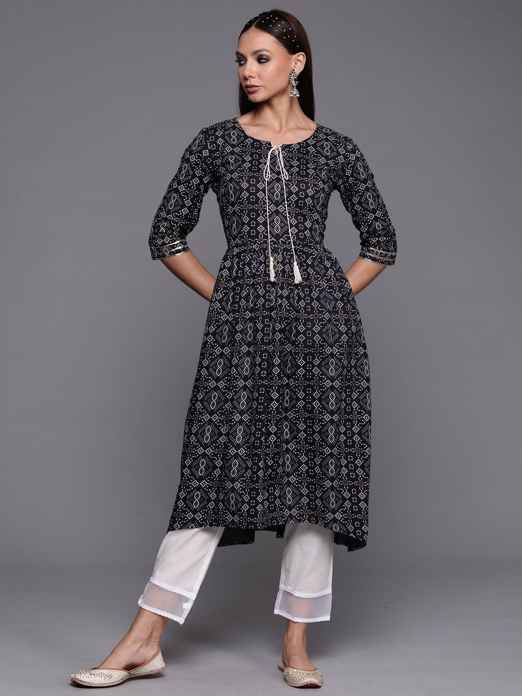 Indo Era Navy Blue Foil Printed A-line Kurta | Grocsy