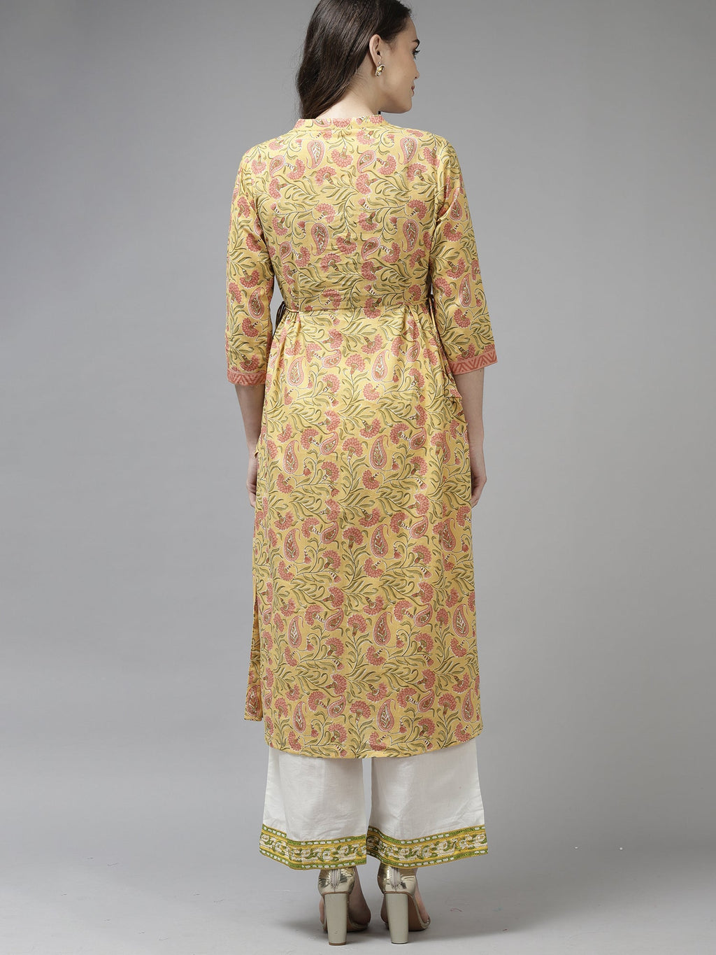 Indo Era Yellow Floral Printed A-line Kurta | Grocsy