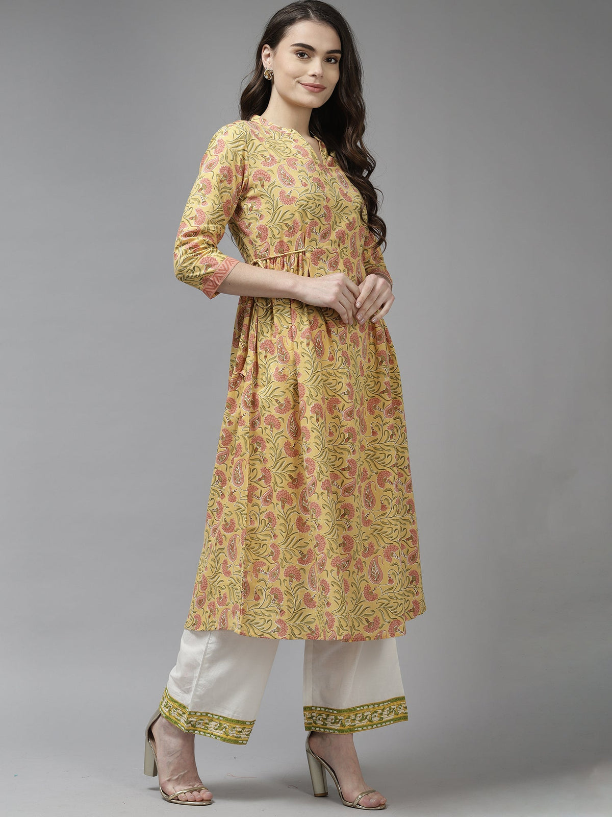 Indo Era Yellow Floral Printed A-line Kurta | Grocsy