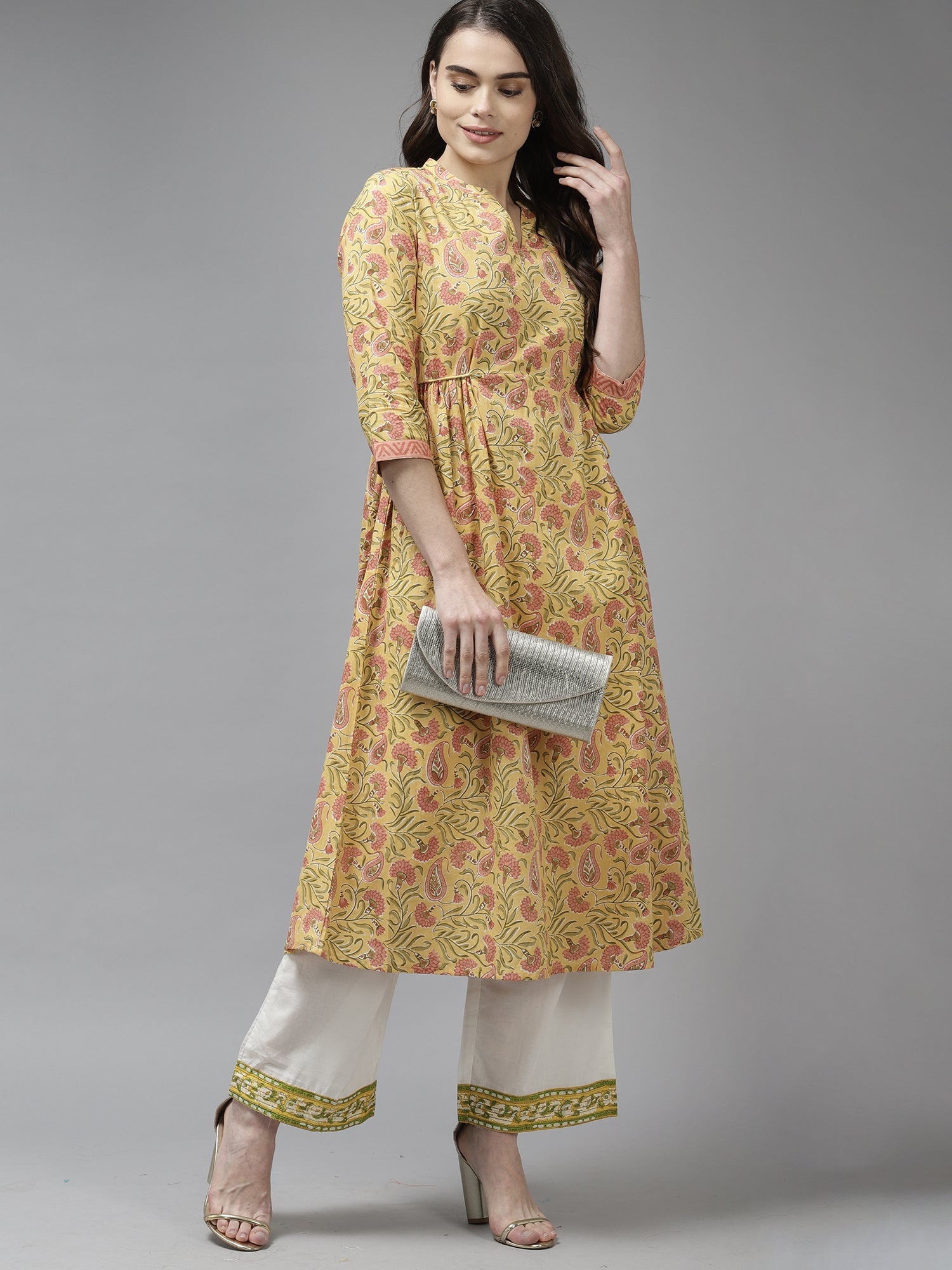 Indo Era Yellow Floral Printed A-line Kurta | Grocsy