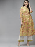 Indo Era Yellow Floral Printed A-line Kurta | Grocsy