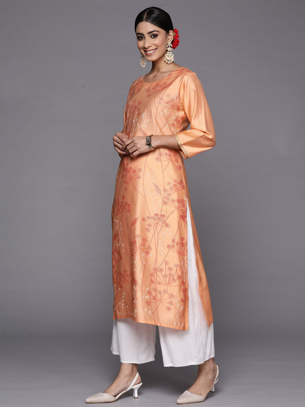 Indo Era Peach Printed Straight Kurta | Grocsy