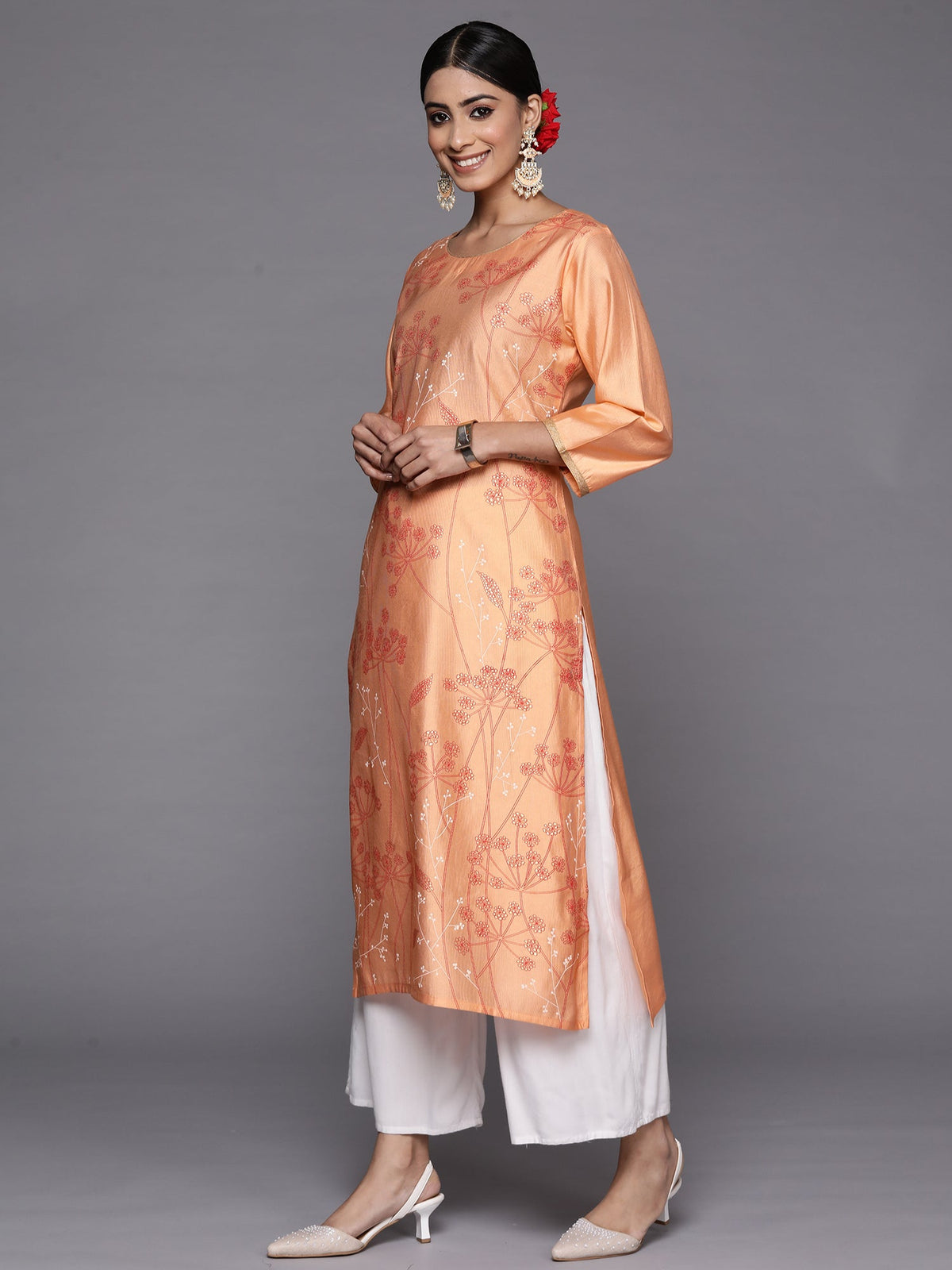 Indo Era Peach Printed Straight Kurta | Grocsy