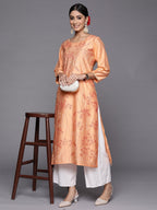 Indo Era Peach Printed Straight Kurta | Grocsy