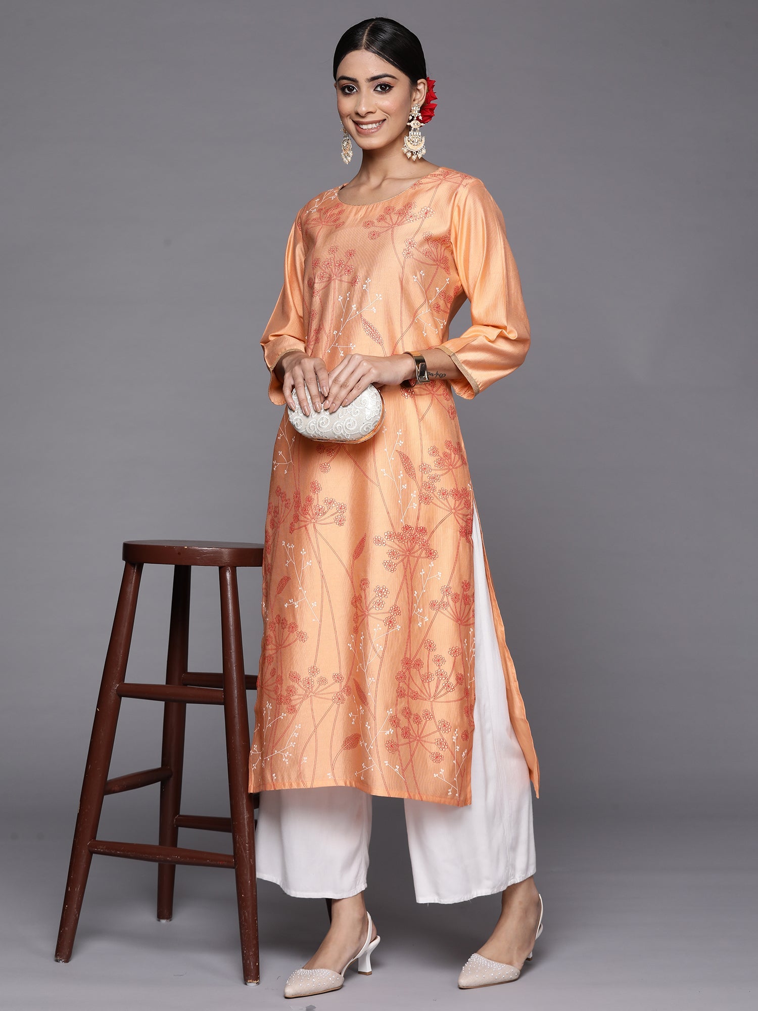 Indo Era Peach Printed Straight Kurta | Grocsy