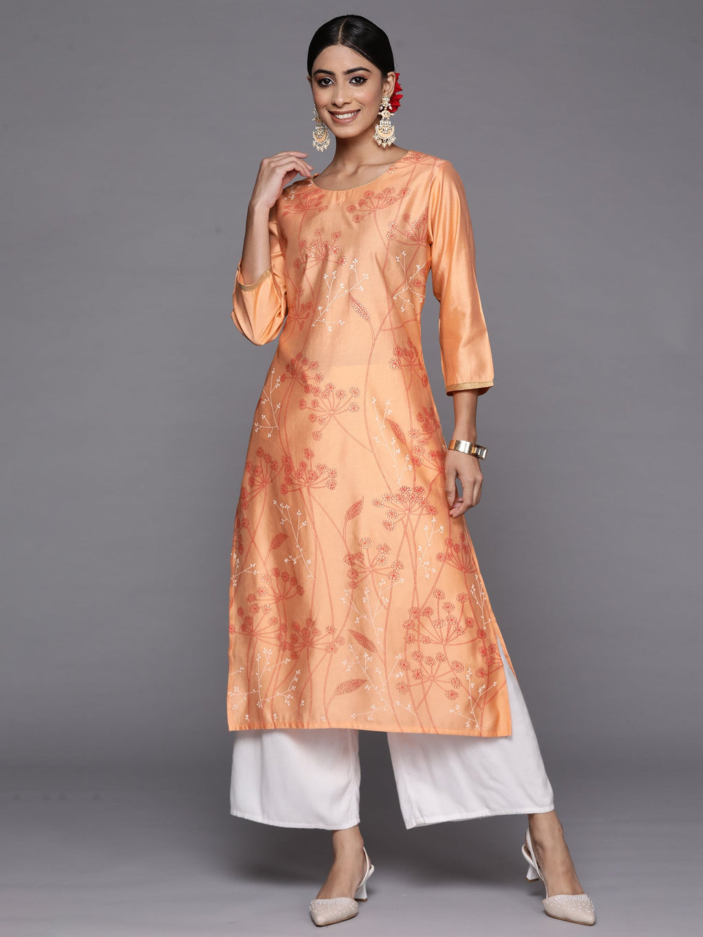 Indo Era Peach Printed Straight Kurta | Grocsy