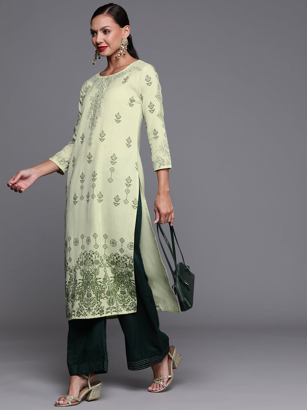 Indo Era Green Foil Printed Straight Kurta | Grocsy