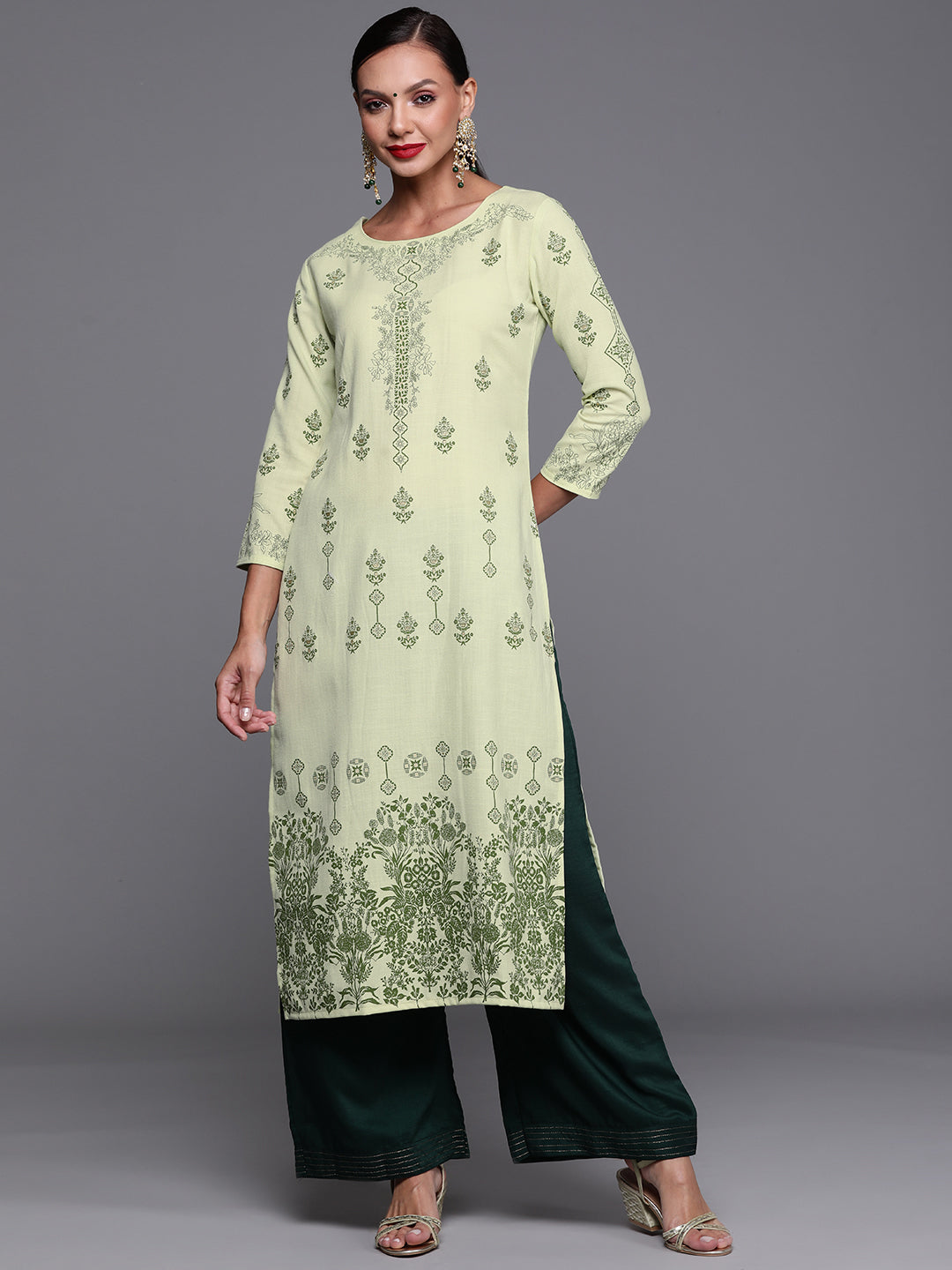 Indo Era Green Foil Printed Straight Kurta | Grocsy
