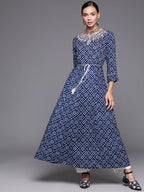 Indo Era Navy Blue Embroidered A-line Kurta | Grocsy