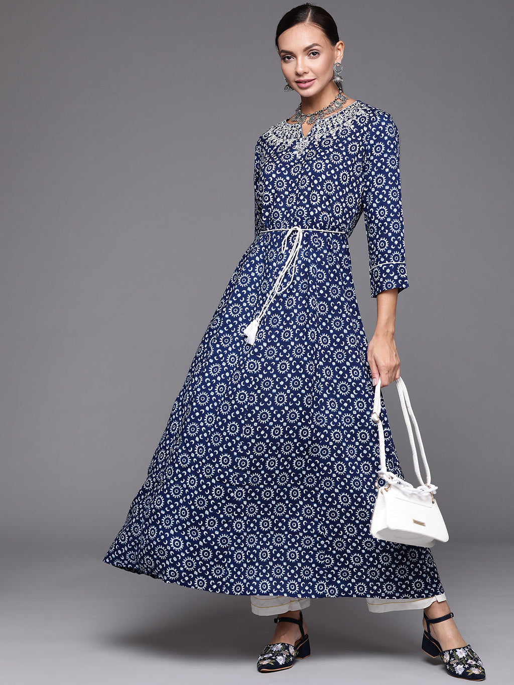Indo Era Navy Blue Embroidered A-line Kurta | Grocsy