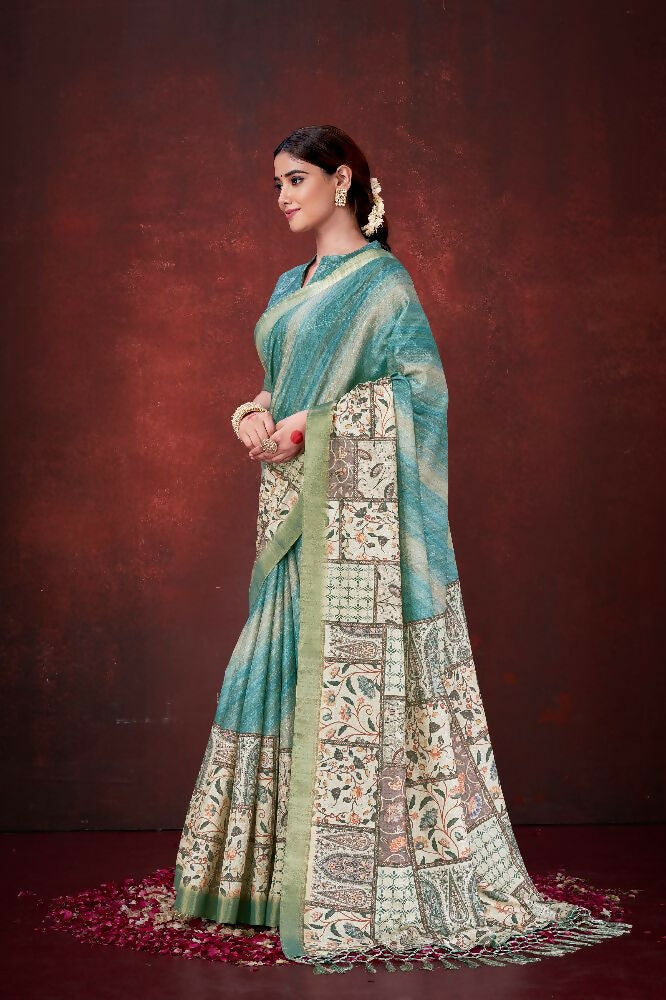 Sky Blue Poly Habotai Silk Foil Print Saree with Unstitched Blouse - Kathari | Grocsy