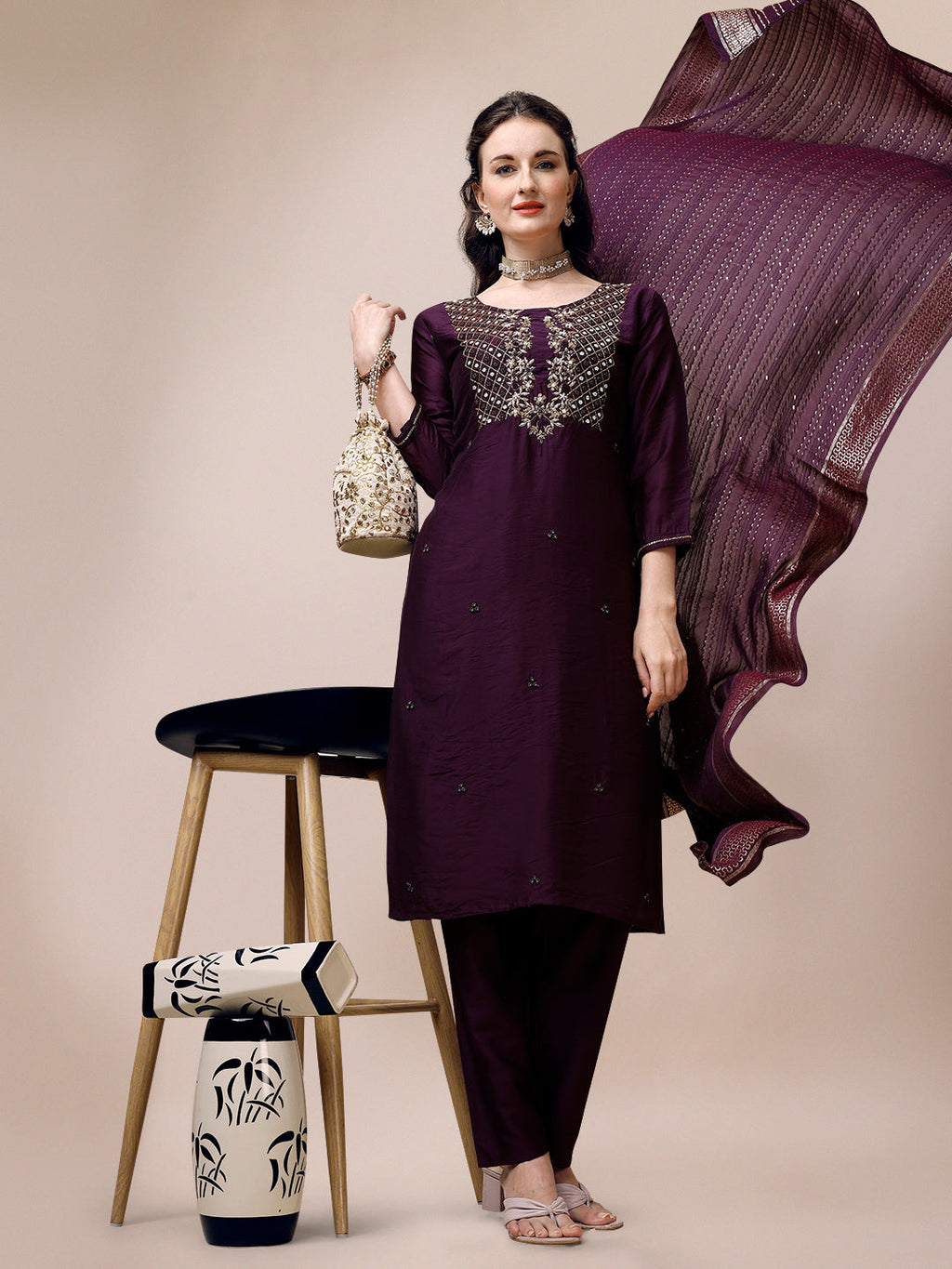 Hand Embroidered Chanderi Kurta With Pant & Dupatta, Multicolor - Hiral Fashion | Grocsy