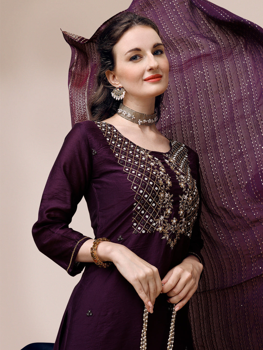 Hand Embroidered Chanderi Kurta With Pant & Dupatta, Multicolor - Hiral Fashion | Grocsy