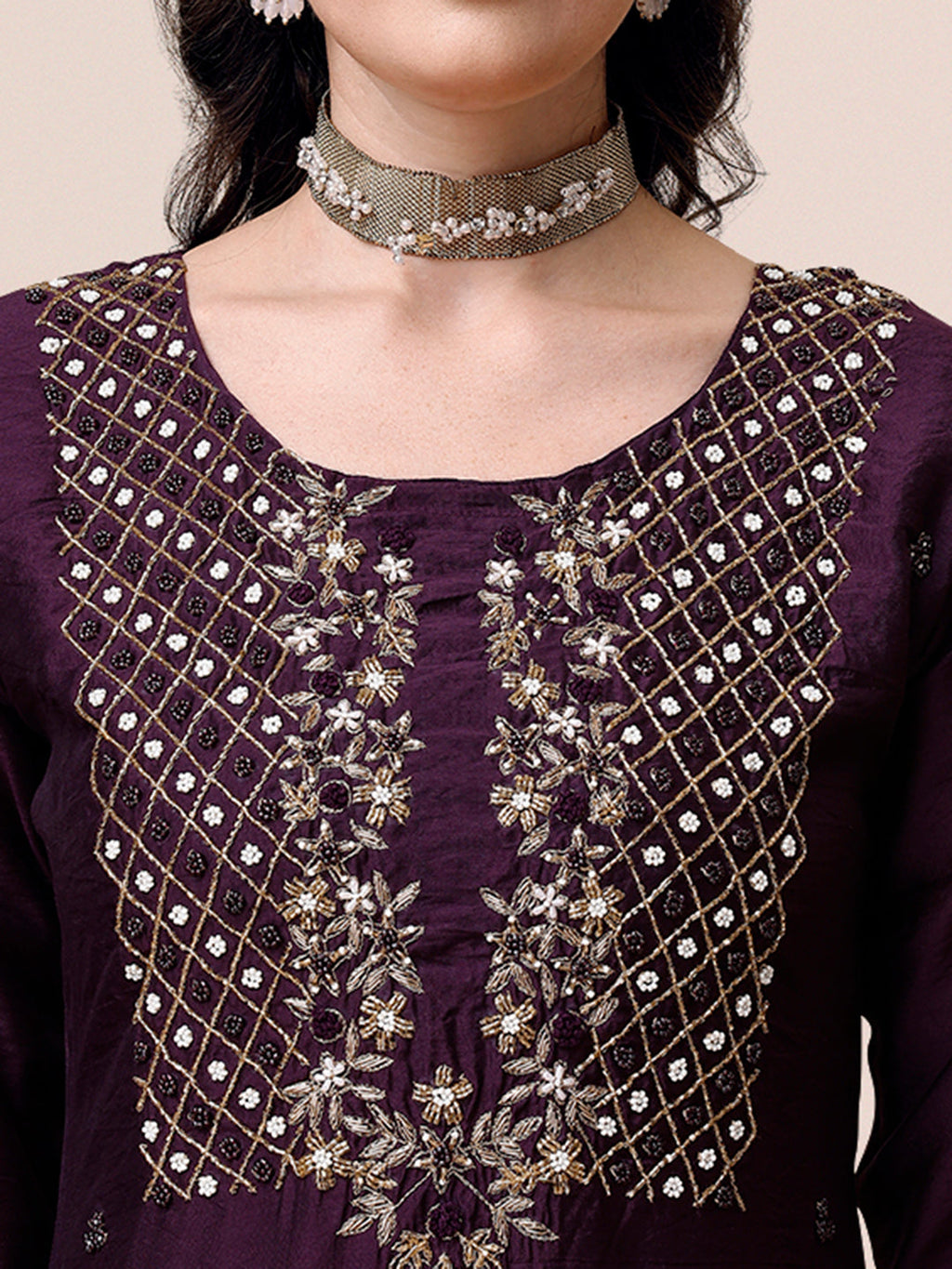 Hand Embroidered Chanderi Kurta With Pant & Dupatta, Multicolor - Hiral Fashion | Grocsy