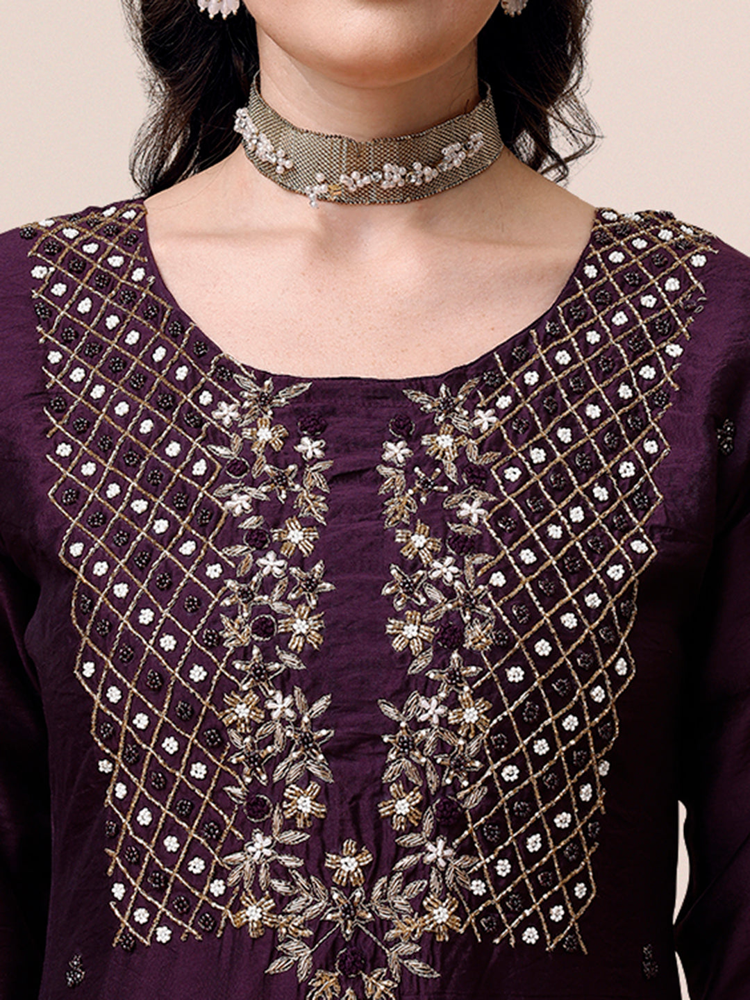Hand Embroidered Chanderi Kurta With Pant & Dupatta, Multicolor - Hiral Fashion | Grocsy