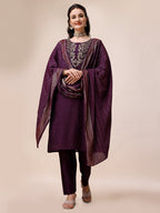 Hand Embroidered Chanderi Kurta With Pant & Dupatta, Multicolor - Hiral Fashion | Grocsy