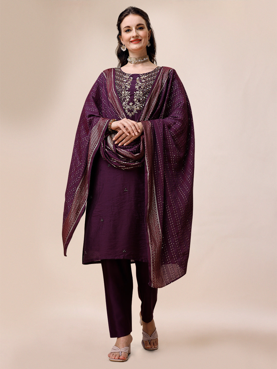 Hand Embroidered Chanderi Kurta With Pant & Dupatta, Multicolor - Hiral Fashion | Grocsy