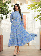 Kaajh Women's Blue Floral Handblock Print Cotton Dress | Grocsy