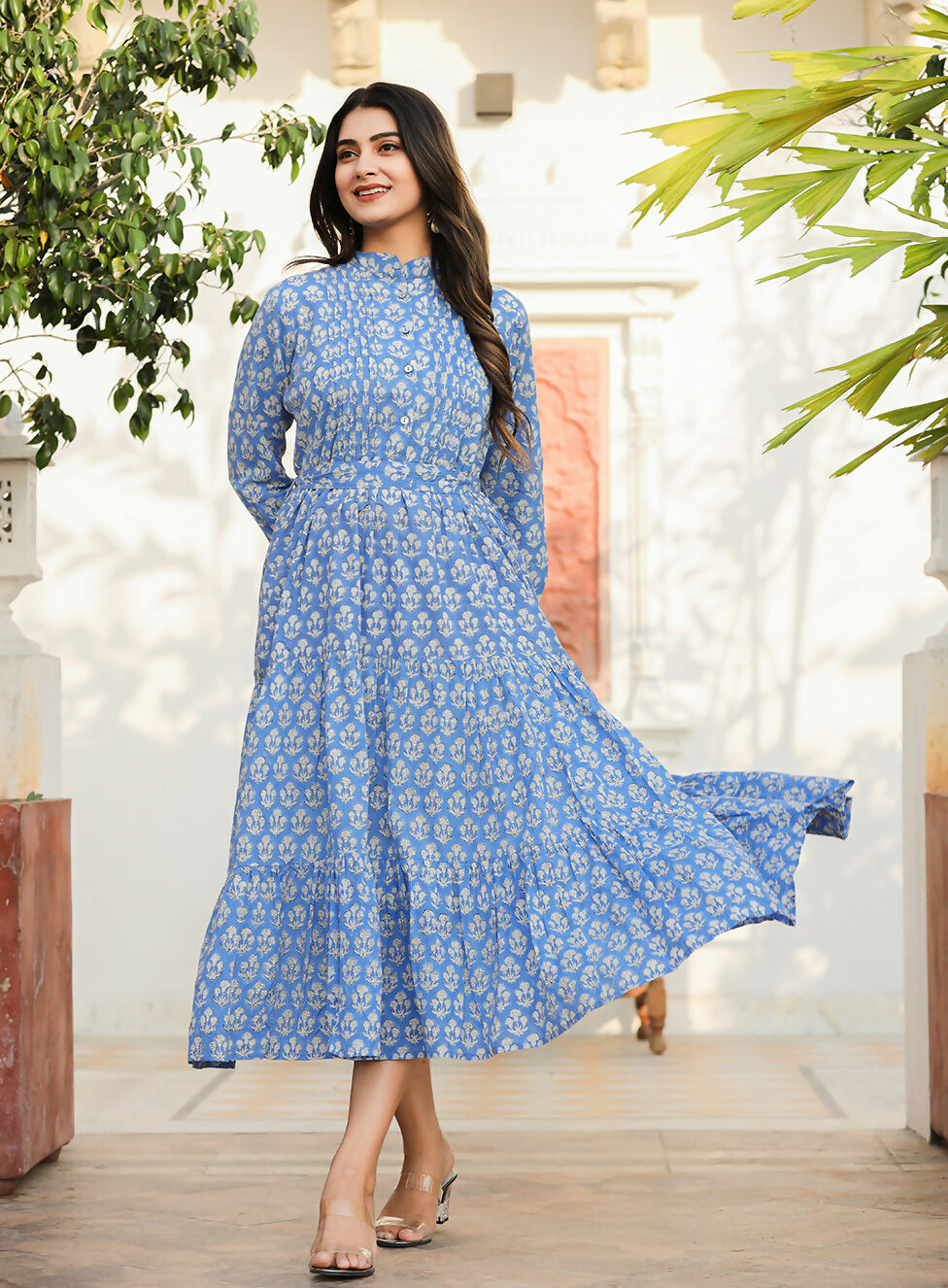 Kaajh Women's Blue Floral Handblock Print Cotton Dress | Grocsy