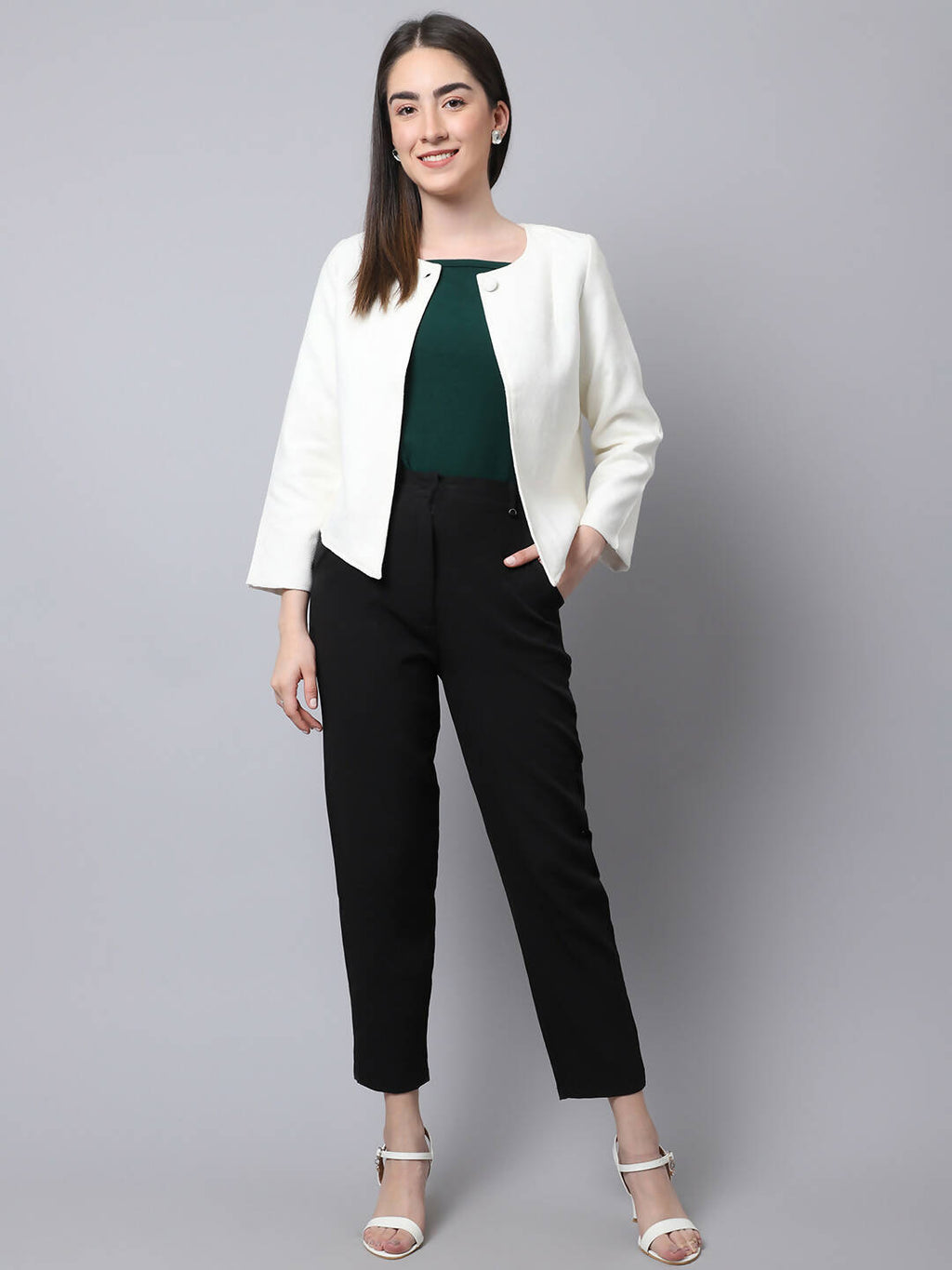 Even Apparels White 100% Viscose Open Front Statement Women's Jacket | Grocsy